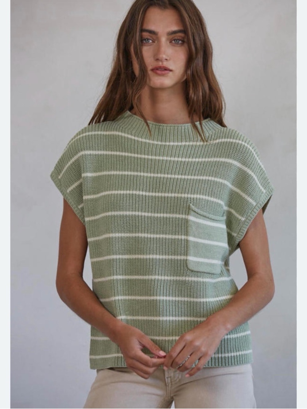 Simply Southern Mint and Cream Striped Knit Vest with pocket accent large